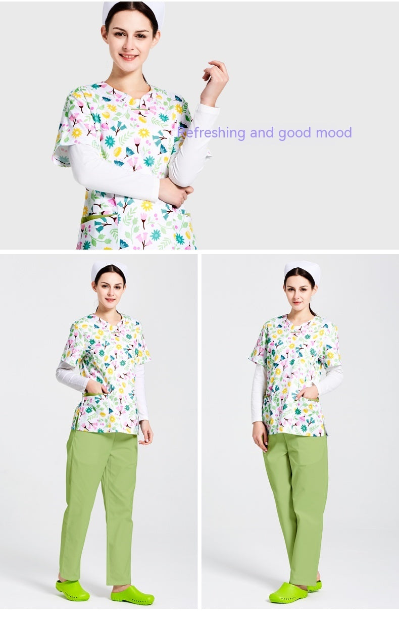 Surgical Gown Printed Polyester Cotton Breathable Short Sleeve Doctor Nurses' Uniform Beauty Salon Split Suit Women's