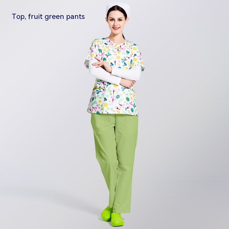 Surgical Gown Printed Polyester Cotton Breathable Short Sleeve Doctor Nurses' Uniform Beauty Salon Split Suit Women's